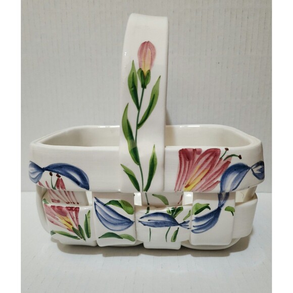 Hand Painted Italian Pottery Ceramic Woven Basket with Handle Floral Design - Picture 2 of 11